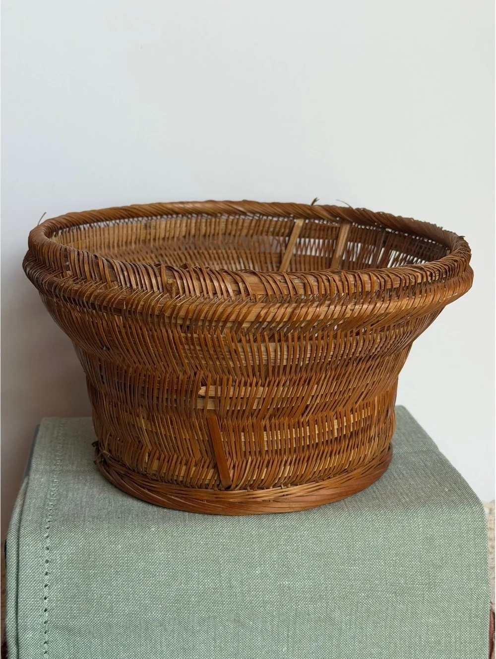 Vintage Chinese Handwoven Bamboo Rattan Basket Kagome Weave Mid Century Decor